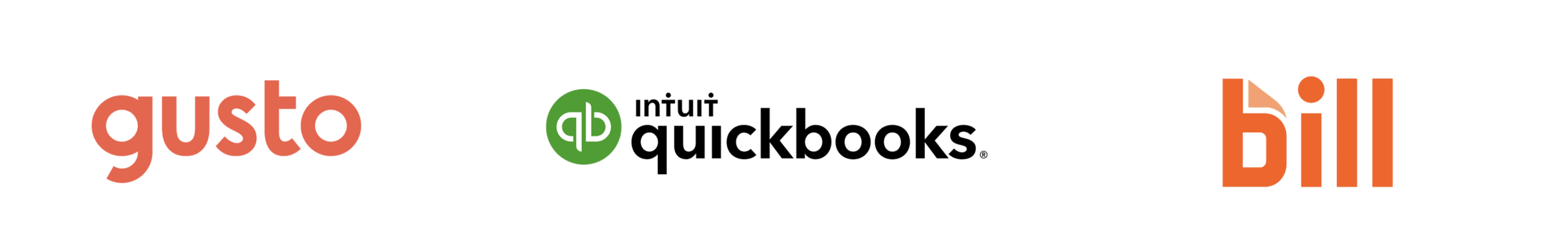 Gusto, QuickBooks, and Bill.com logos